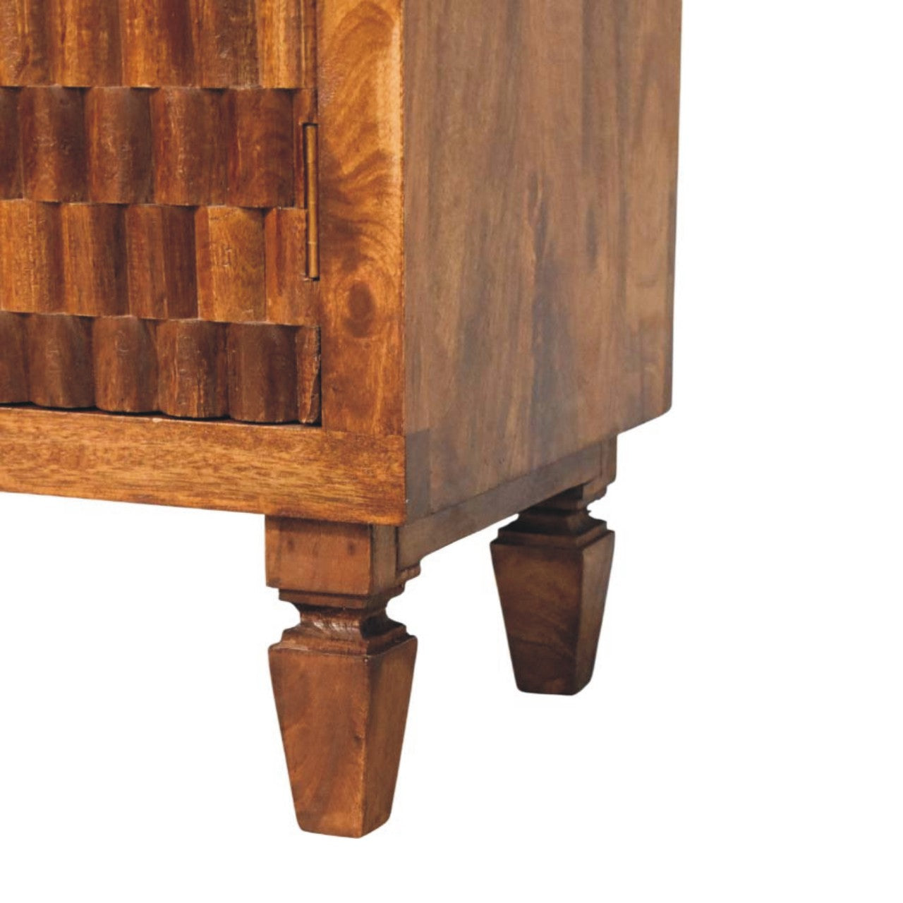 Chestnut Cadiz Carved Cabinet in Solid Mango Wood - product view 5 showing handcrafted solid mango wood dresser