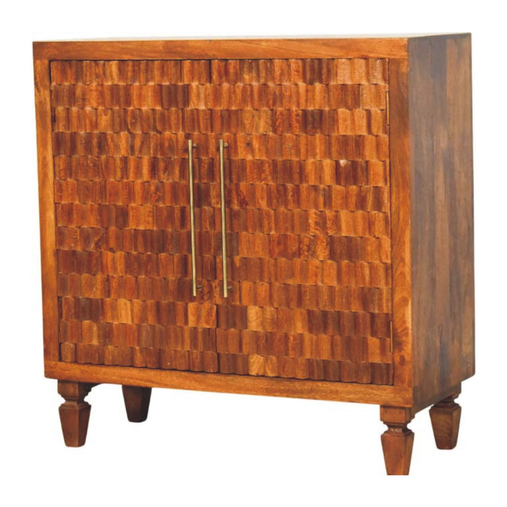 Chestnut Cadiz Carved Cabinet in Solid Mango Wood - product view 2 showing handcrafted solid mango wood dresser