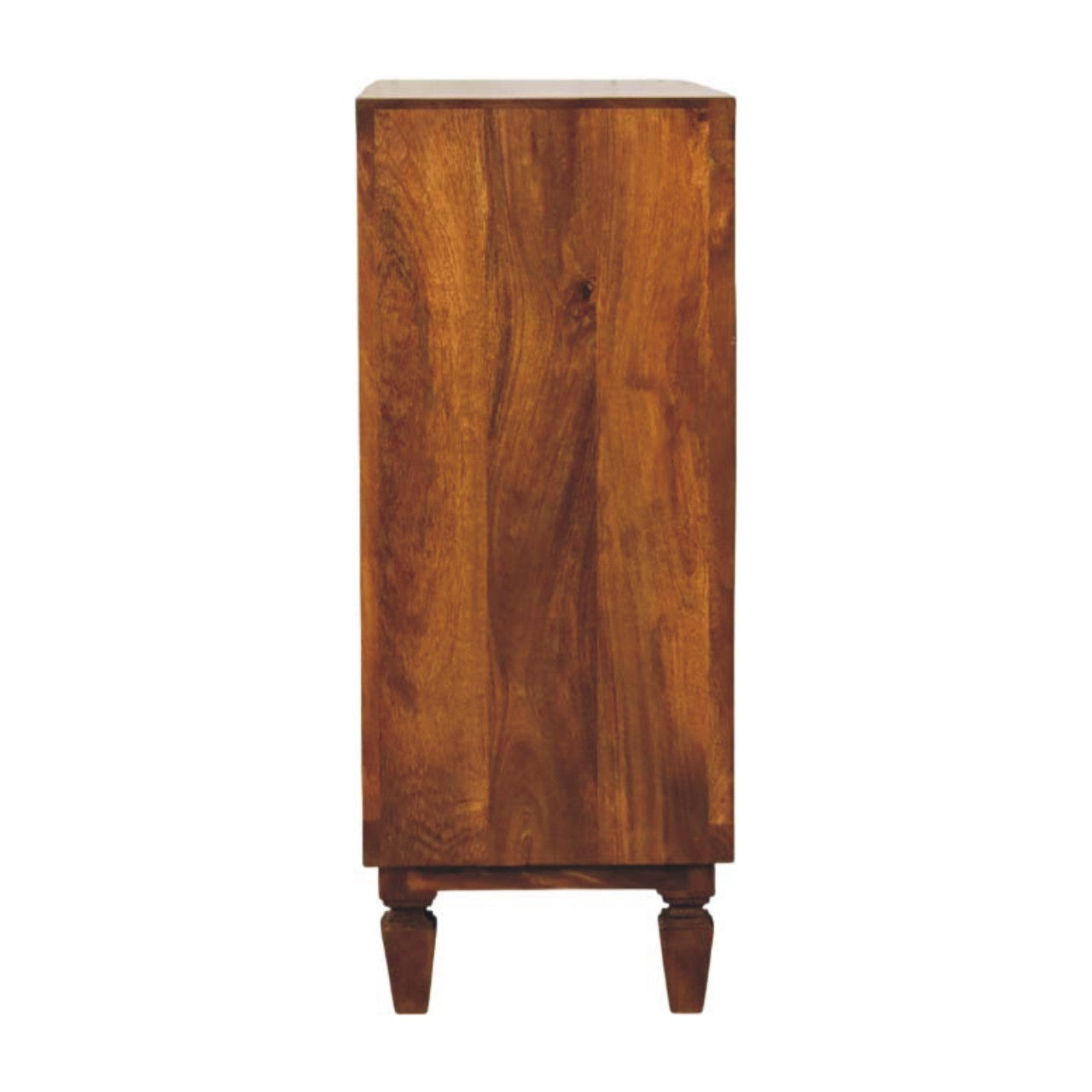 Chestnut Cadiz Carved Cabinet in Solid Mango Wood - product view 7 showing handcrafted solid mango wood dresser