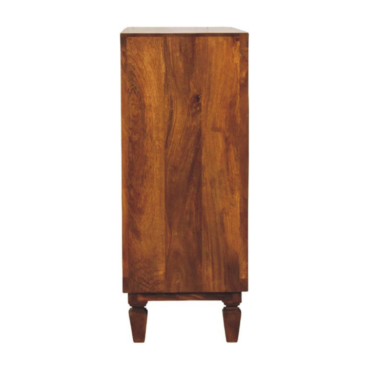 Chestnut Cadiz Carved Cabinet in Solid Mango Wood - product view 7 showing handcrafted solid mango wood dresser