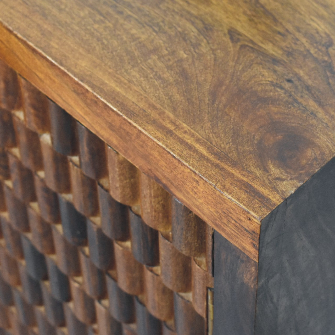 Chestnut Cadiz Carved Cabinet in Solid Mango Wood - product view 4 showing handcrafted solid mango wood dresser