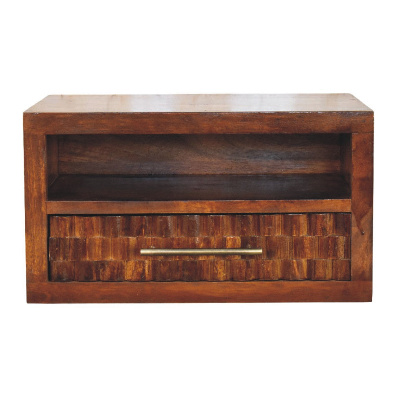Textured bedside table made of 100% solid mango wood with a carved drawer front in a rich Chestnut finish.
