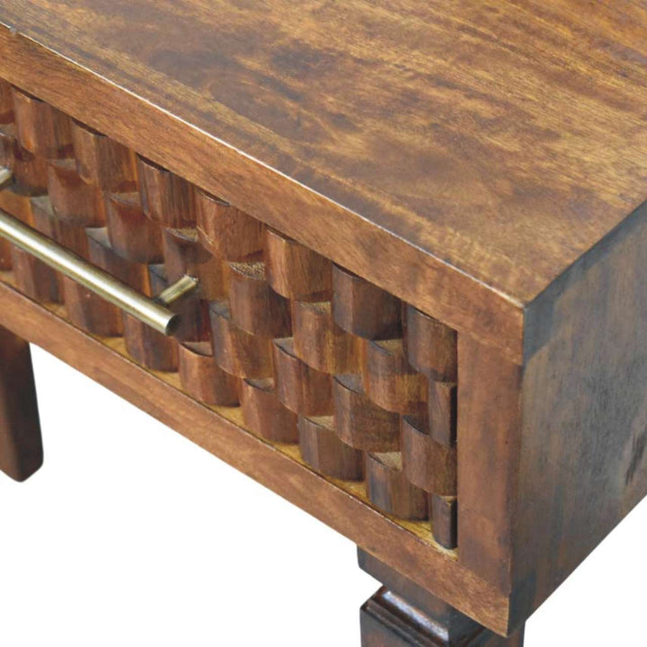 Chestnut Cadiz Textured Console Table in Solid Mango Wood - product view 4 showing handcrafted solid mango wood console table