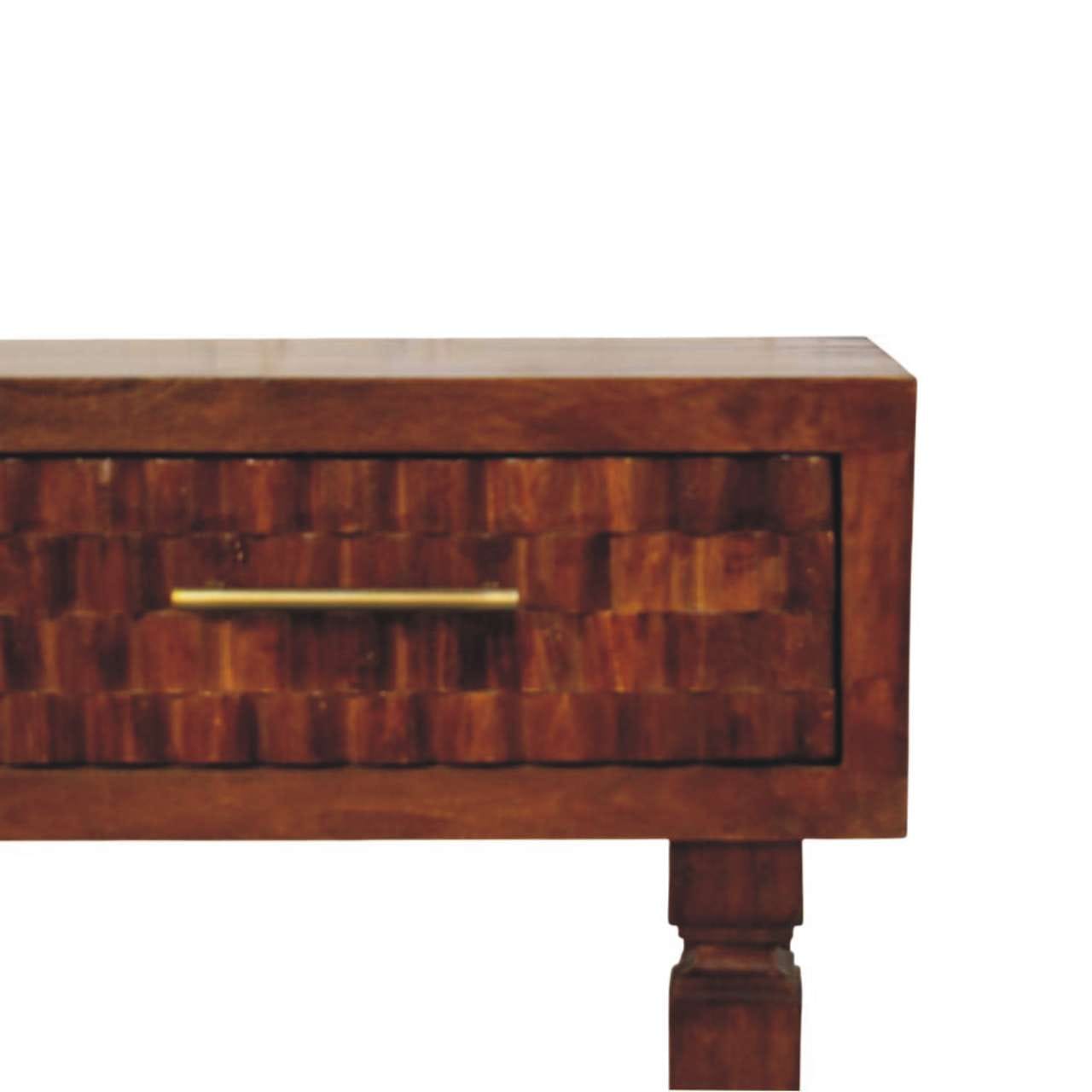 Chestnut Cadiz Textured Console Table in Solid Mango Wood - product view 3 showing handcrafted solid mango wood console table