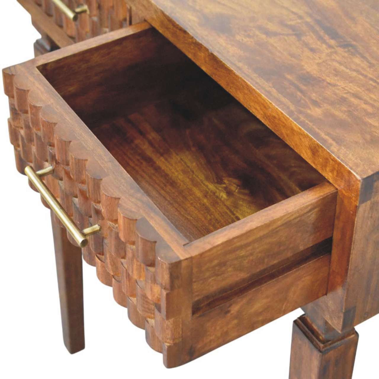 Chestnut Cadiz Textured Console Table in Solid Mango Wood - product view 5 showing handcrafted solid mango wood console table