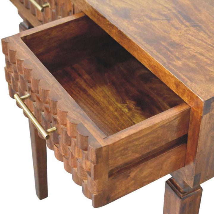 Chestnut Cadiz Textured Console Table in Solid Mango Wood - product view 5 showing handcrafted solid mango wood console table
