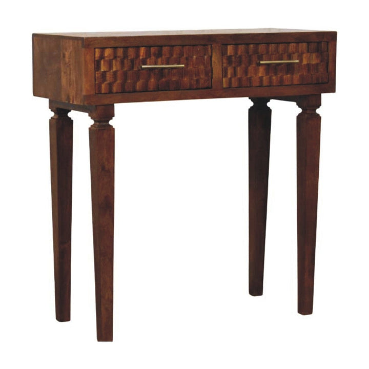 Chestnut Cadiz Textured Console Table in Solid Mango Wood - product view 2 showing handcrafted solid mango wood console table