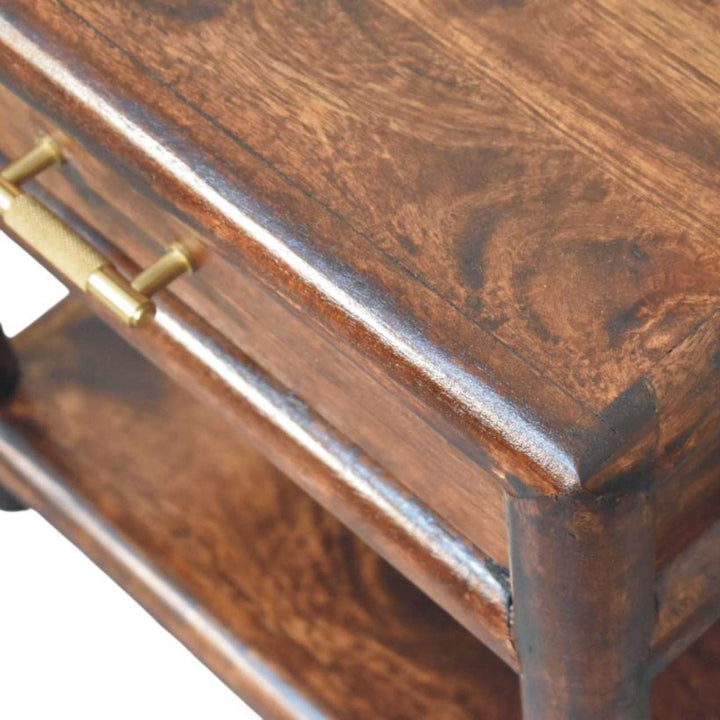 1 Drawer Bedside Table with Open Shelf in California Walnut Tone - Solid Mango Wood Nightstand - product view 5 showing...