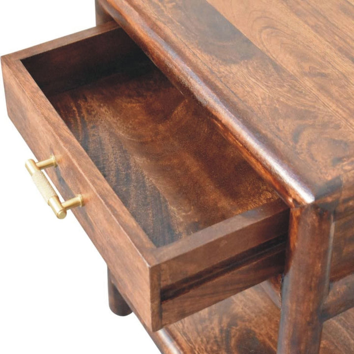 1 Drawer Bedside Table with Open Shelf in California Walnut Tone - Solid Mango Wood Nightstand - product view 6 showing...