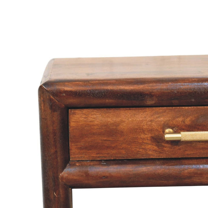 1 Drawer Bedside Table with Open Shelf in California Walnut Tone - Solid Mango Wood Nightstand - product view 4 showing...