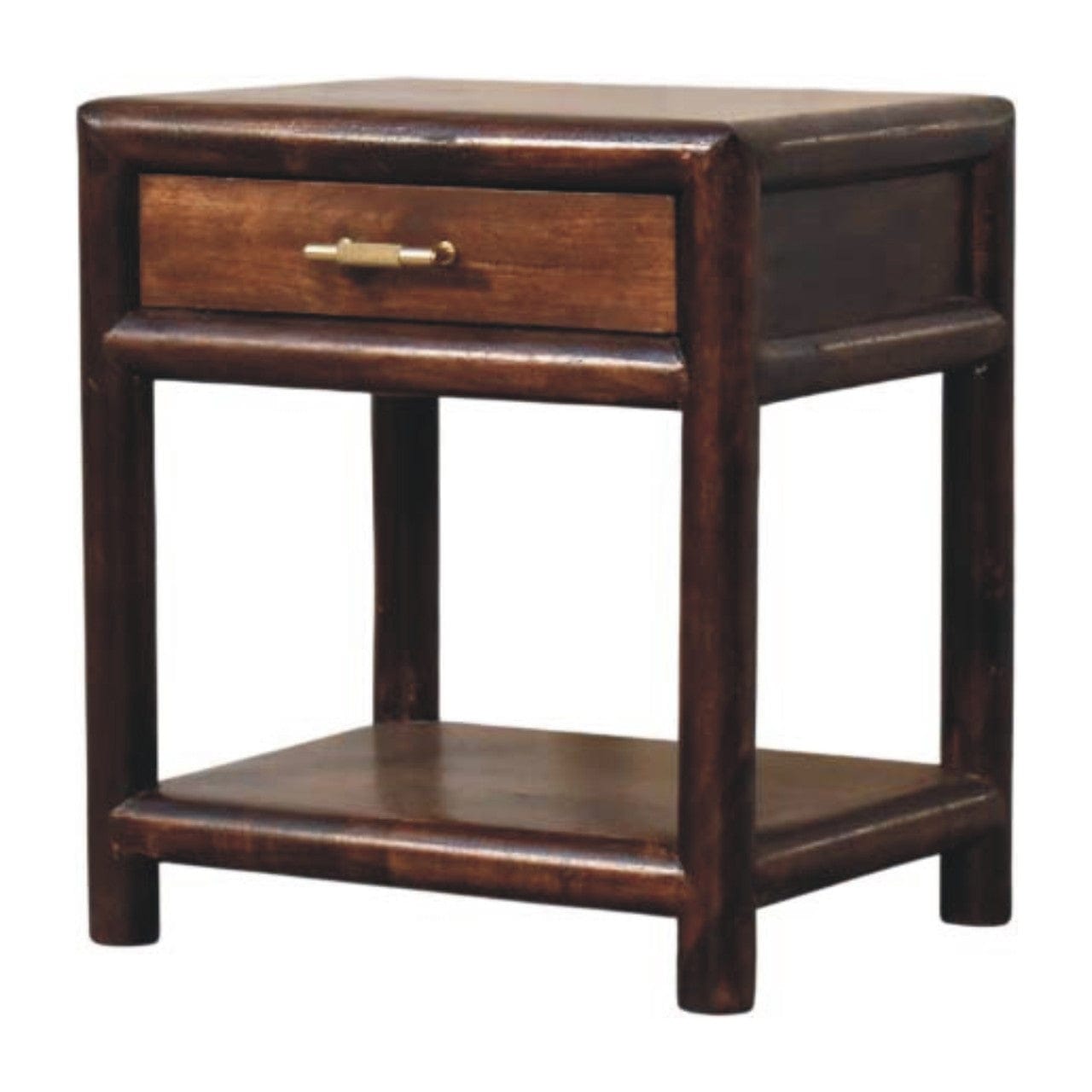 1 Drawer Bedside Table with Open Shelf in California Walnut Tone - Solid Mango Wood Nightstand - product view 3 showing...
