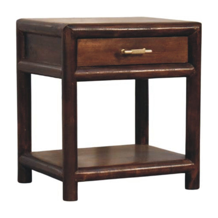 1 Drawer Bedside Table with Open Shelf in California Walnut Tone - Solid Mango Wood Nightstand - product view 2 showing...