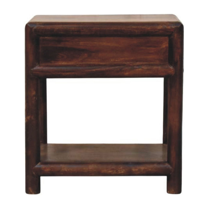 1 Drawer Bedside Table with Open Shelf in California Walnut Tone - Solid Mango Wood Nightstand - product view 9 showing...