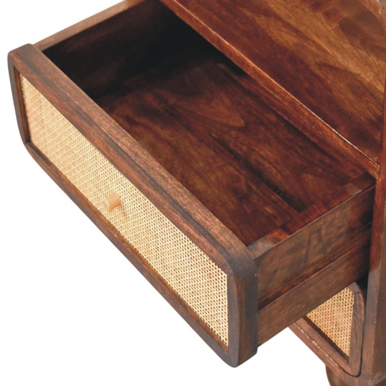 Rattan Front Bedside Table in California Walnut Tone - Solid Mango Wood Nightstand - product view 6 showing handcrafted...