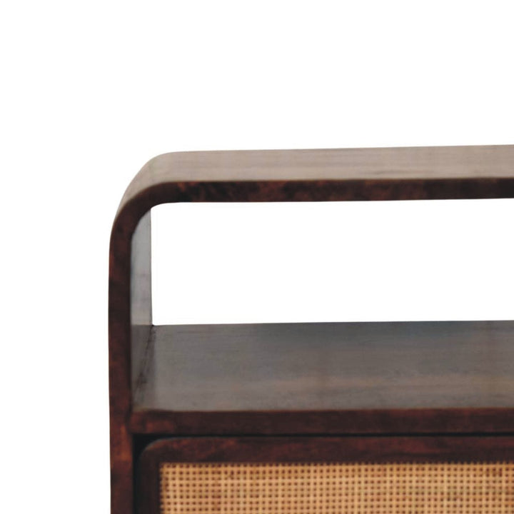 Rattan Front Bedside Table in California Walnut Tone - Solid Mango Wood Nightstand - product view 4 showing handcrafted...