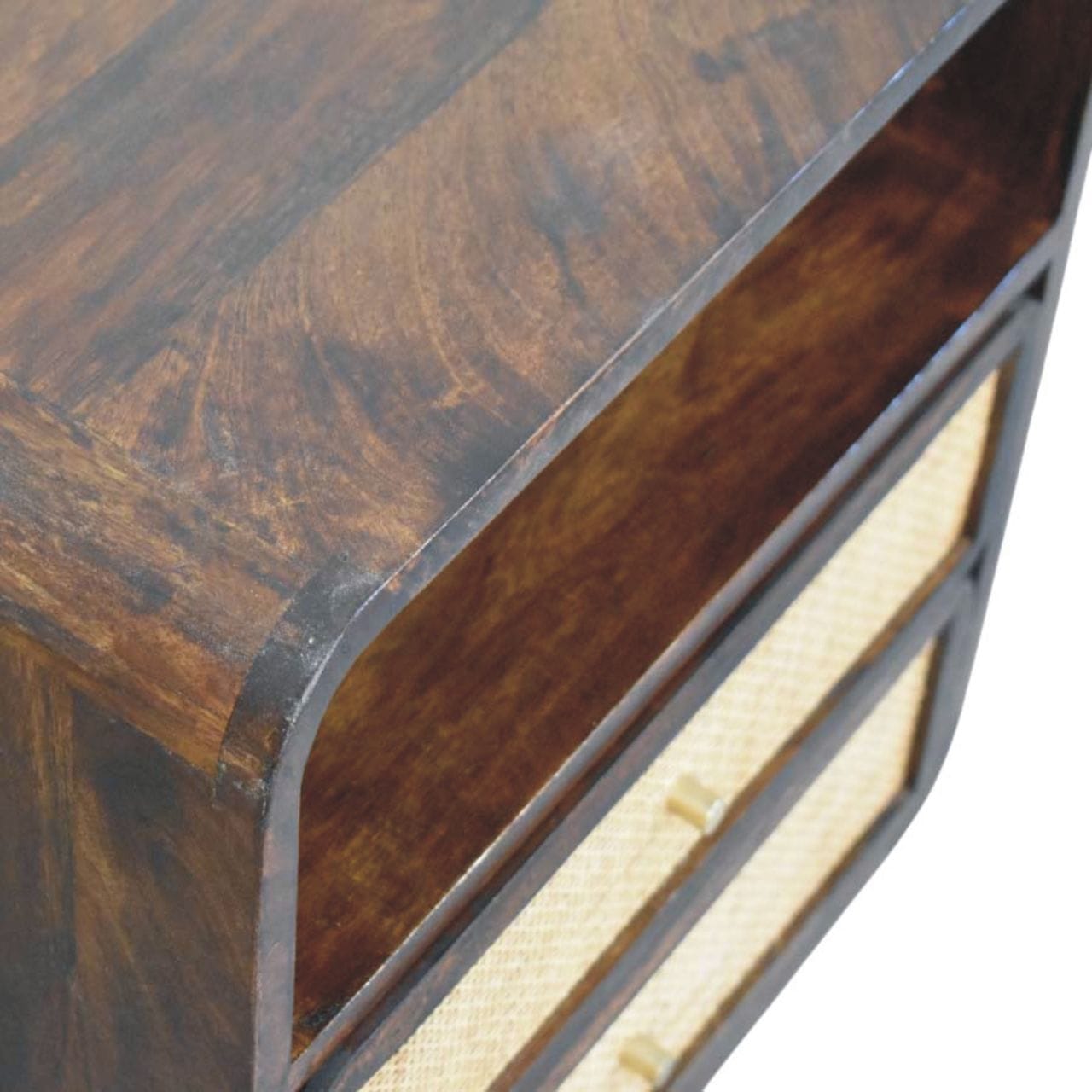 Rattan Front Bedside Table in California Walnut Tone - Solid Mango Wood Nightstand - product view 5 showing handcrafted...
