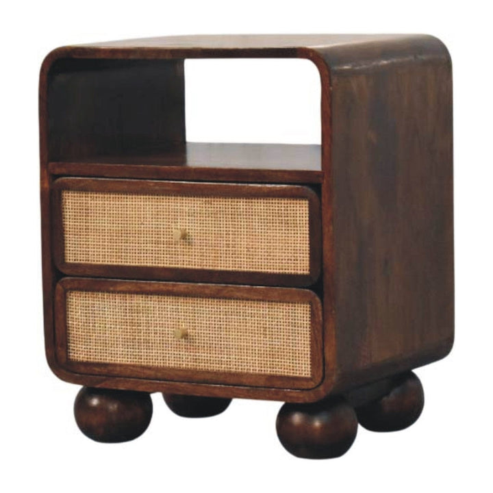 Rattan Front Bedside Table in California Walnut Tone - Solid Mango Wood Nightstand - product view 2 showing handcrafted...