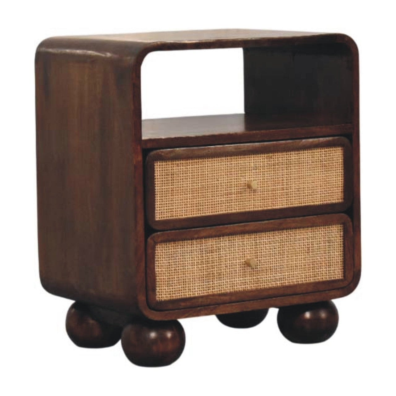 Rattan Front Bedside Table in California Walnut Tone - Solid Mango Wood Nightstand - product view 3 showing handcrafted...