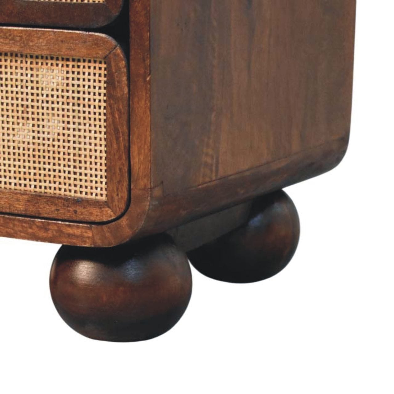 Rattan Front Bedside Table in California Walnut Tone - Solid Mango Wood Nightstand - product view 7 showing handcrafted...