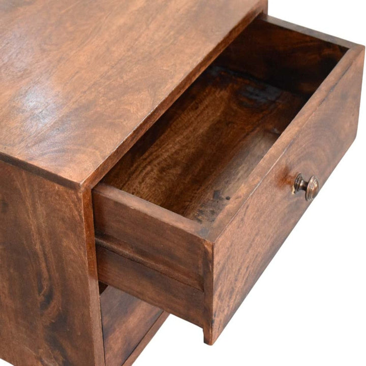 2 Drawer Bedside Table in California Walnut Tone - Solid Mango Wood Nightstand - product view 6 showing handcrafted solid...