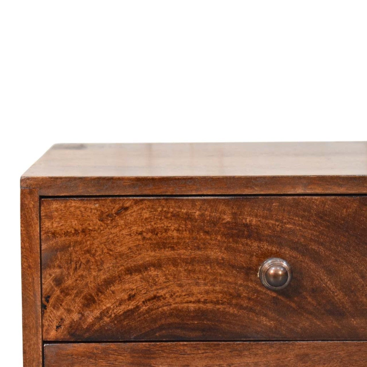 2 Drawer Bedside Table in California Walnut Tone - Solid Mango Wood Nightstand - product view 4 showing handcrafted solid...