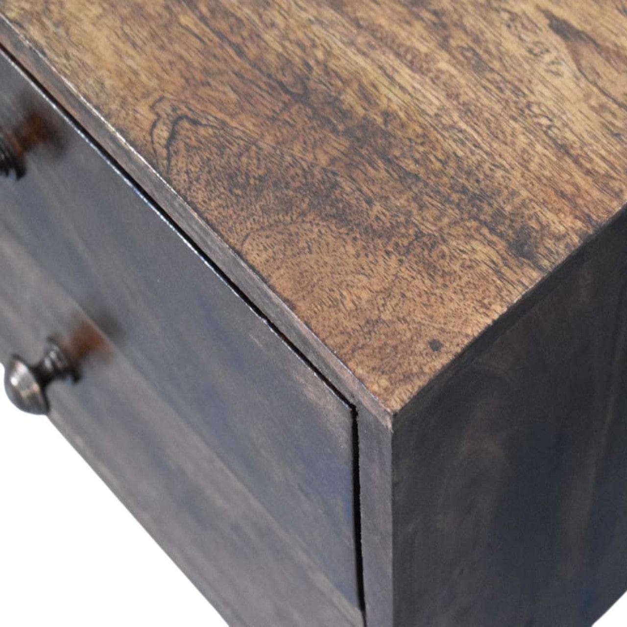 2 Drawer Bedside Table in California Walnut Tone - Solid Mango Wood Nightstand - product view 5 showing handcrafted solid...