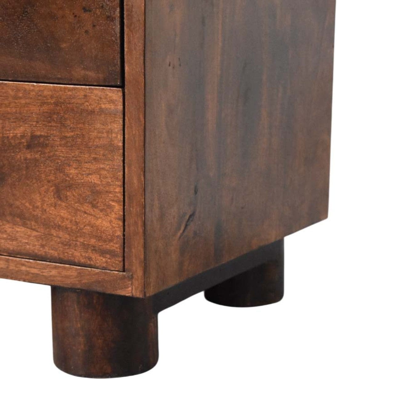 2 Drawer Bedside Table in California Walnut Tone - Solid Mango Wood Nightstand - product view 7 showing handcrafted solid...