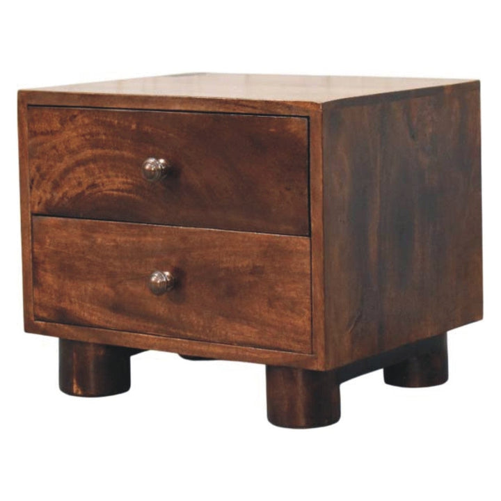 2 Drawer Bedside Table in California Walnut Tone - Solid Mango Wood Nightstand - product view 2 showing handcrafted solid...