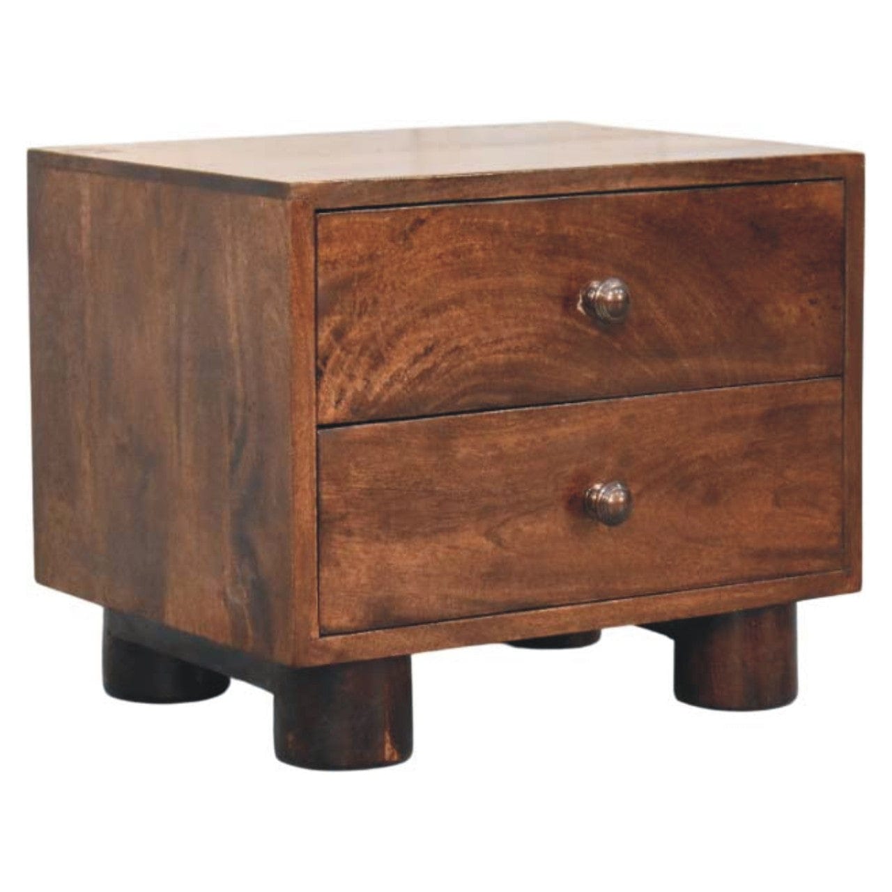 2 Drawer Bedside Table in California Walnut Tone - Solid Mango Wood Nightstand - product view 3 showing handcrafted solid...