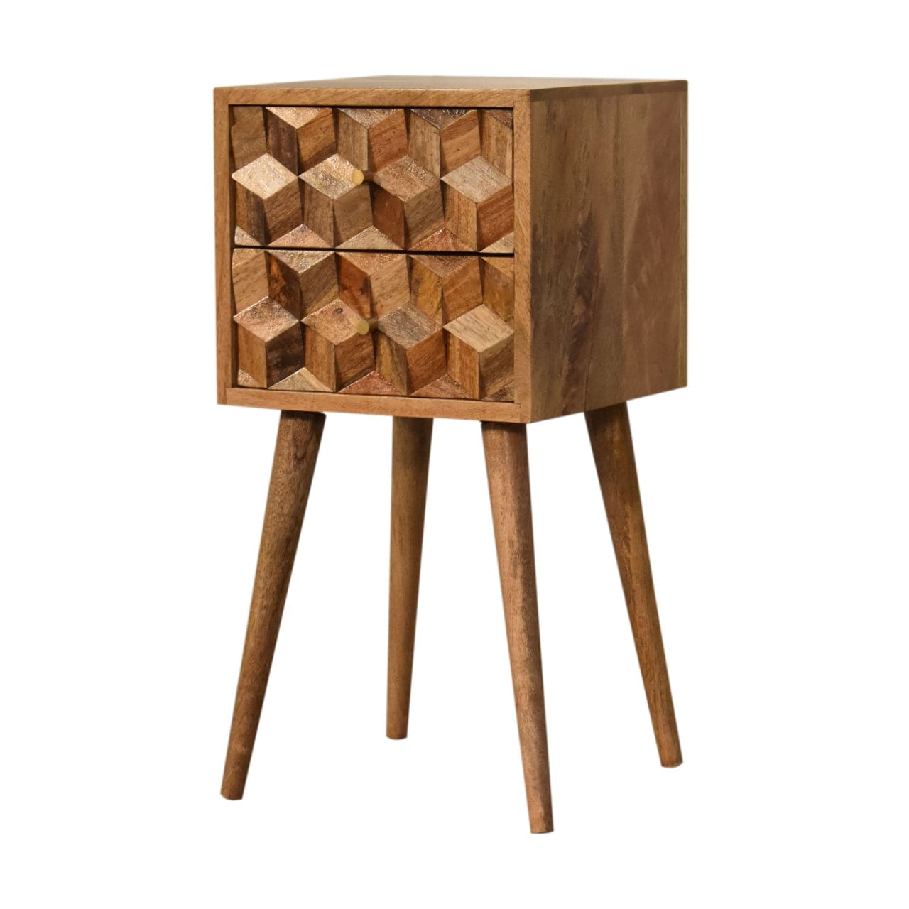 Carved Mini Cube 2 Drawer Nightstand - Solid Mango Wood Bedside Table for Bedroom - product view 3 showing handcrafted...