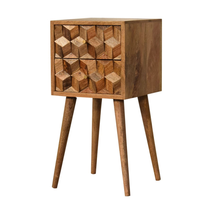 Carved Mini Cube 2 Drawer Nightstand - Solid Mango Wood Bedside Table for Bedroom - product view 3 showing handcrafted...