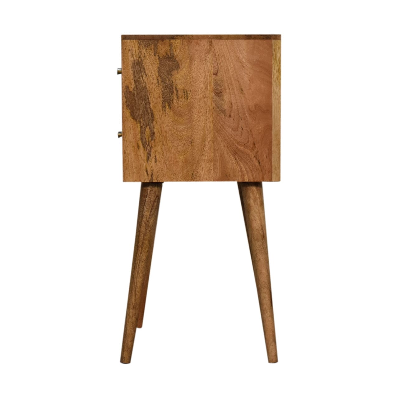 Carved Mini Cube 2 Drawer Nightstand - Solid Mango Wood Bedside Table for Bedroom - product view 8 showing handcrafted...