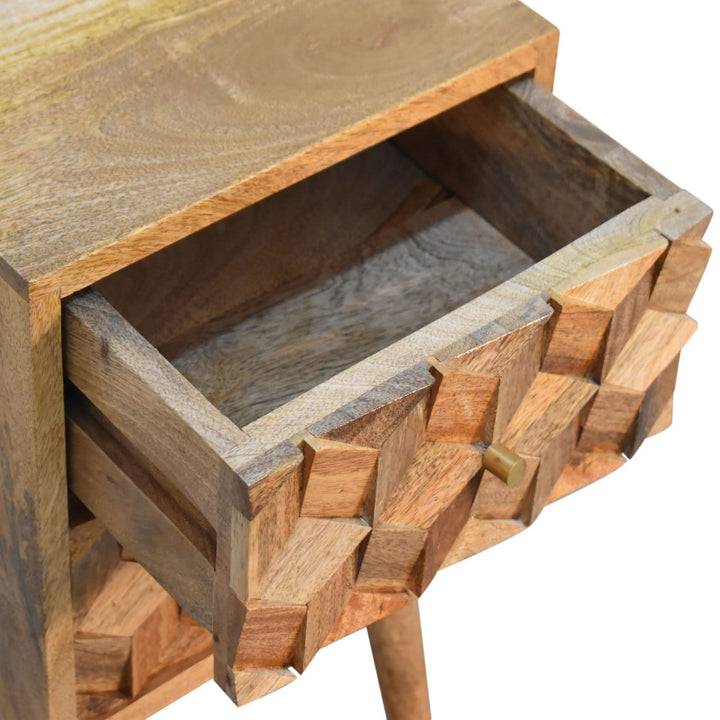 Carved Mini Cube 2 Drawer Nightstand - Solid Mango Wood Bedside Table for Bedroom - product view 6 showing handcrafted...