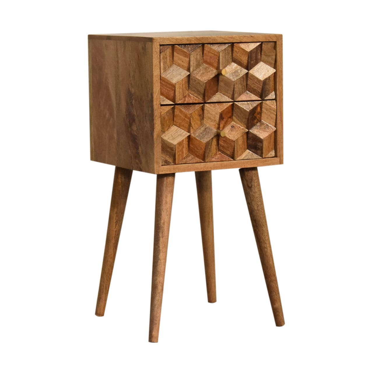 Carved Mini Cube 2 Drawer Nightstand - Solid Mango Wood Bedside Table for Bedroom - product view 2 showing handcrafted...