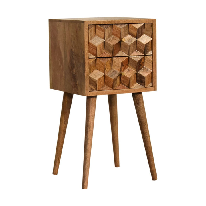 Carved Mini Cube 2 Drawer Nightstand - Solid Mango Wood Bedside Table for Bedroom - product view 2 showing handcrafted...