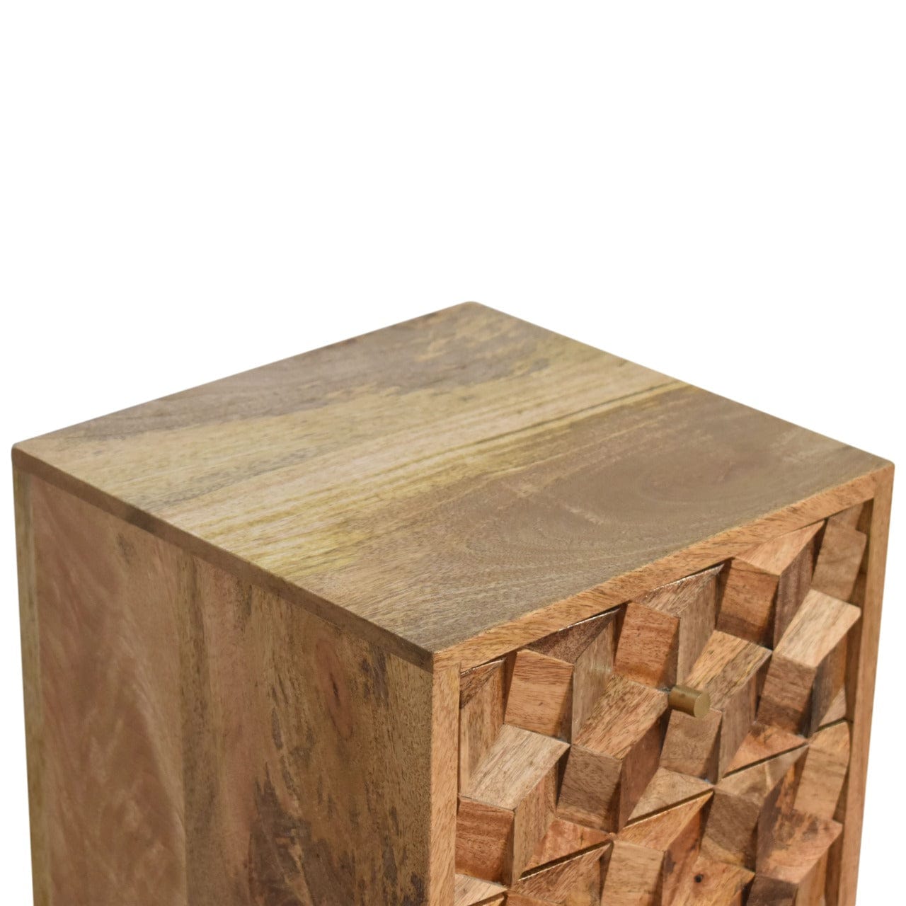 Carved Mini Cube 2 Drawer Nightstand - Solid Mango Wood Bedside Table for Bedroom - product view 5 showing handcrafted...
