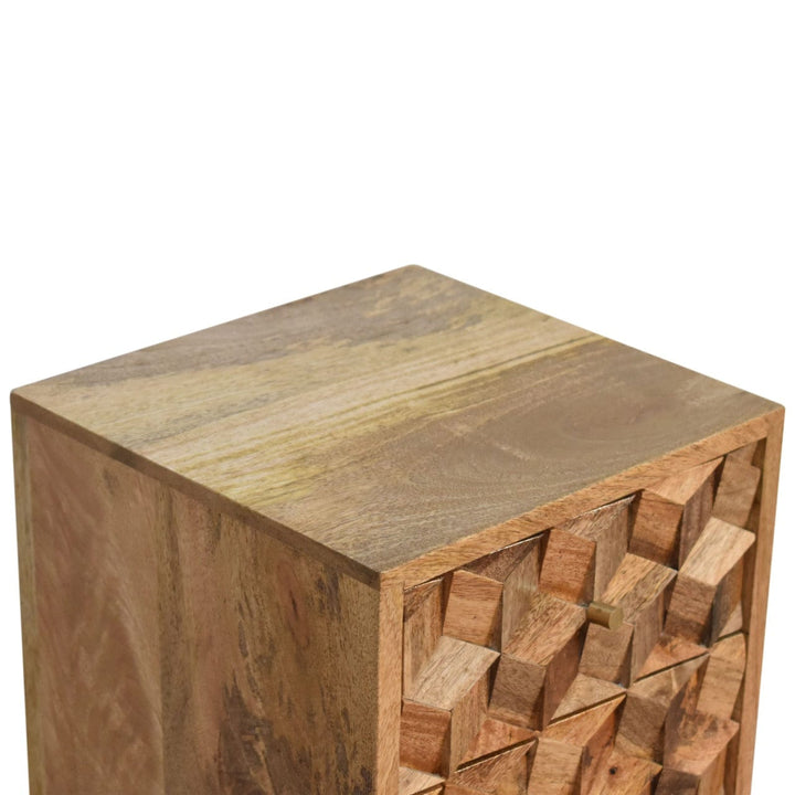 Carved Mini Cube 2 Drawer Nightstand - Solid Mango Wood Bedside Table for Bedroom - product view 5 showing handcrafted...