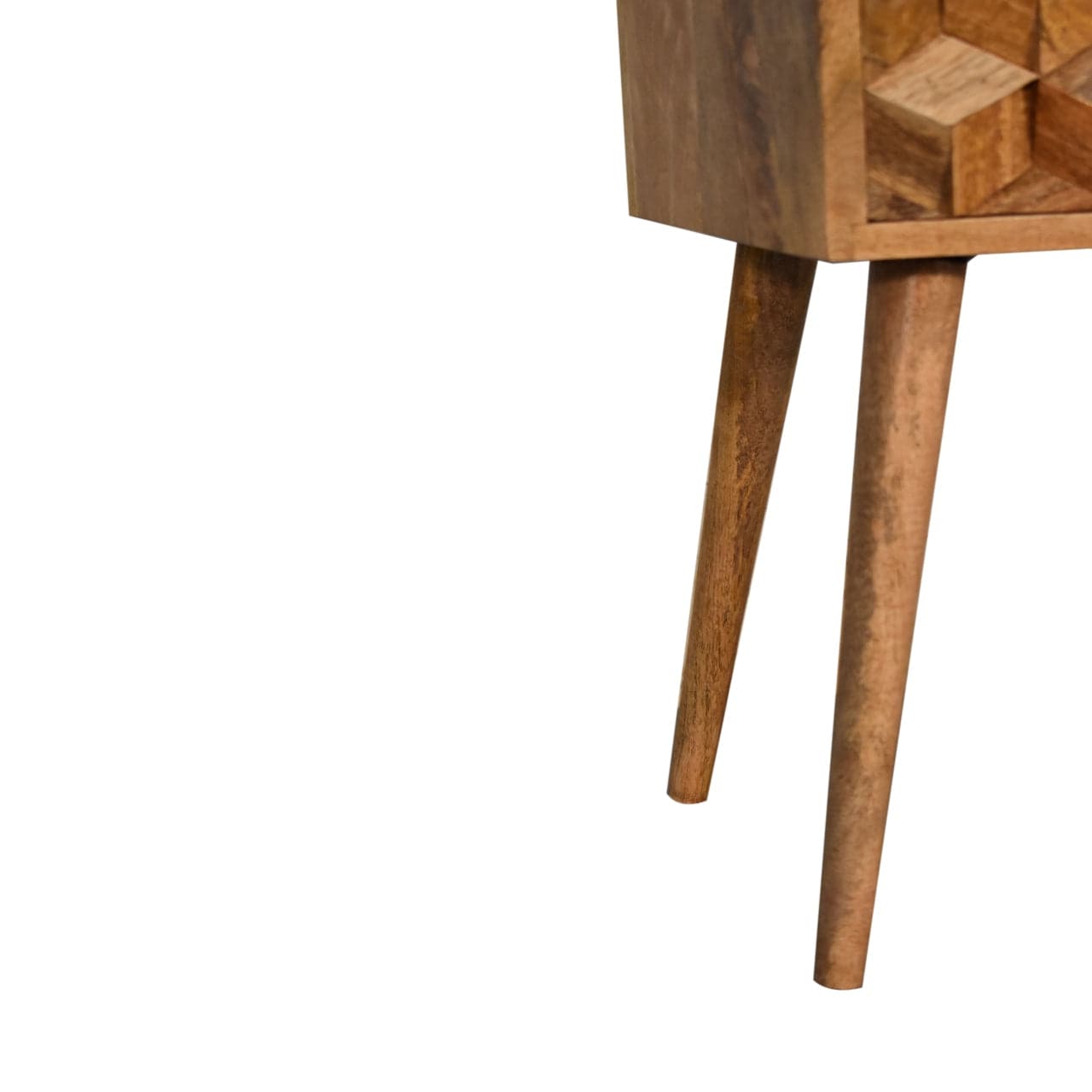 Carved Mini Cube 2 Drawer Nightstand - Solid Mango Wood Bedside Table for Bedroom - product view 7 showing handcrafted...