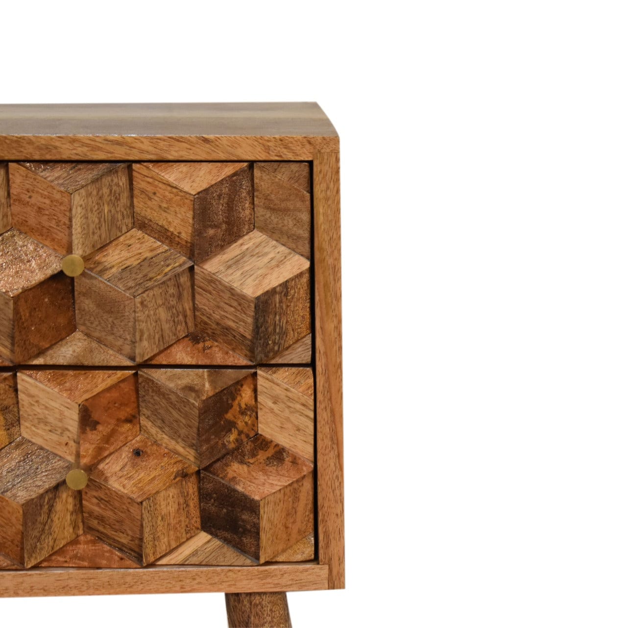 Carved Mini Cube 2 Drawer Nightstand - Solid Mango Wood Bedside Table for Bedroom - product view 4 showing handcrafted...
