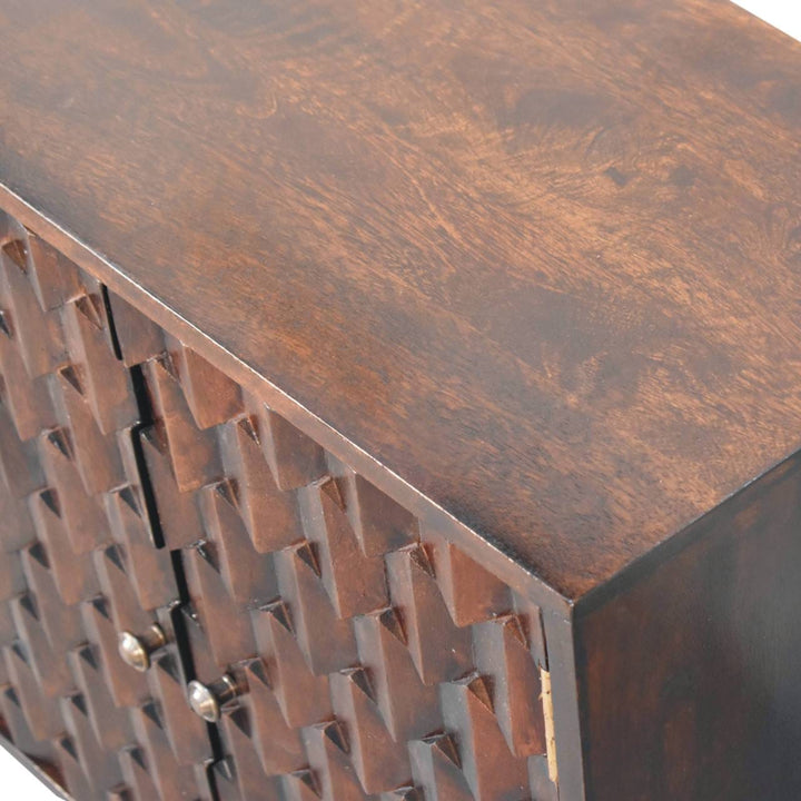 Carved Mini Light Walnut Sideboard - Solid Mango Wood Buffet Cabinet for Dining Room - product view 6 showing handcrafted...