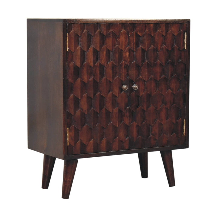 Carved Mini Light Walnut Sideboard - Solid Mango Wood Buffet Cabinet for Dining Room - product view 4 showing handcrafted...