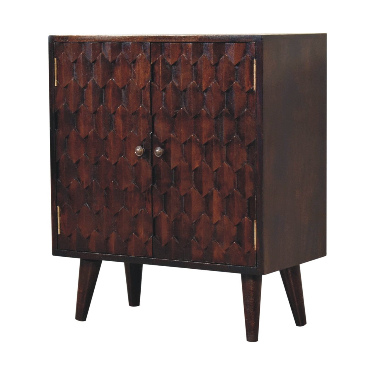 Carved Mini Light Walnut Sideboard - Solid Mango Wood Buffet Cabinet for Dining Room - product view 3 showing handcrafted...