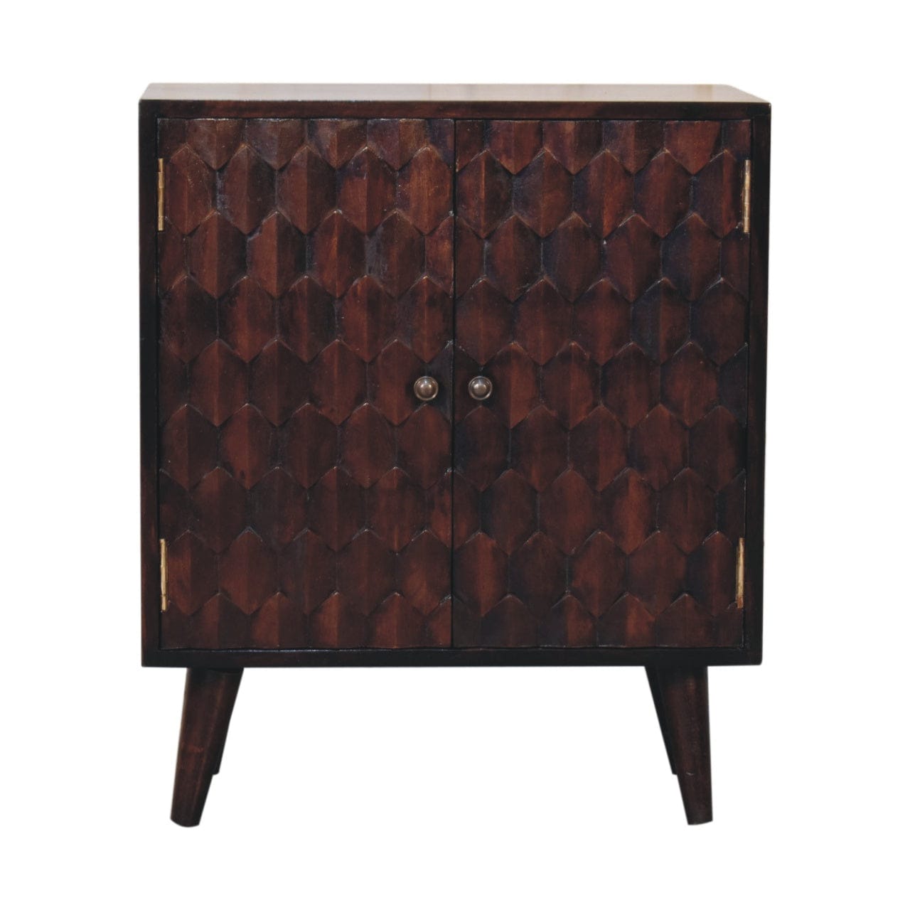 Carved Mini Light Walnut Sideboard - Solid Mango Wood Buffet Cabinet for Dining Room - product view 2 showing handcrafted...
