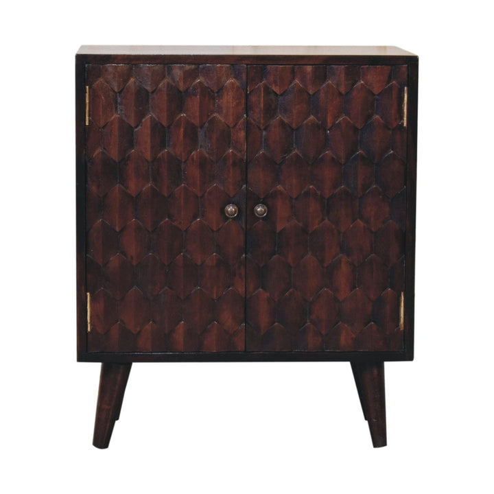 Carved Mini Light Walnut Sideboard - Solid Mango Wood Buffet Cabinet for Dining Room - product view 2 showing handcrafted...
