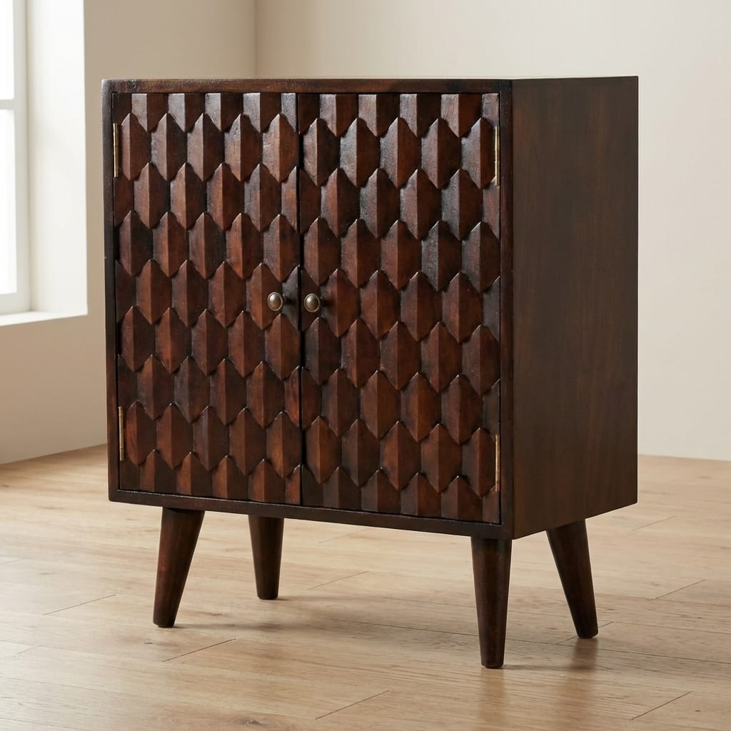 Carved Mini Light Walnut Sideboard - Solid Mango Wood Buffet Cabinet for Dining Room - main view showing handcrafted...