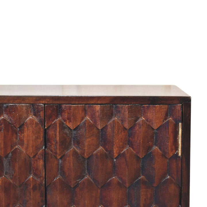 Carved Mini Light Walnut Sideboard - Solid Mango Wood Buffet Cabinet for Dining Room - product view 5 showing handcrafted...