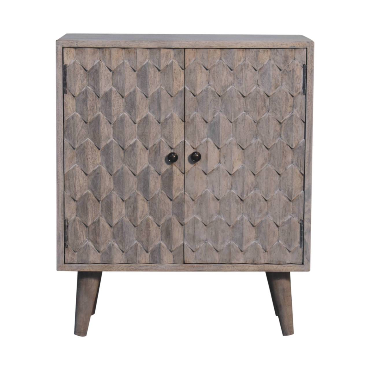 Carved Mini Solid Woodapple Stone Finish Sideboard - Solid Mango Wood Buffet Cabinet for Dining Room - main view showing...