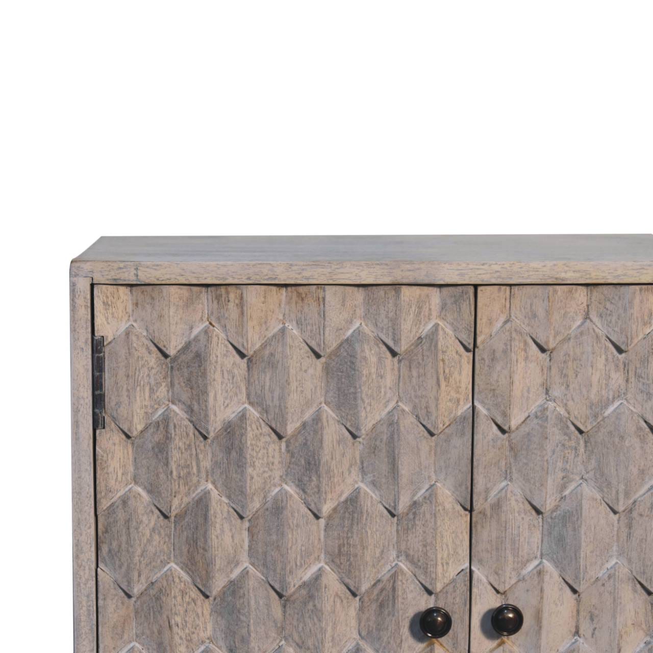 Carved Mini Solid Woodapple Stone Finish Sideboard - Solid Mango Wood Buffet Cabinet for Dining Room - product view 4...