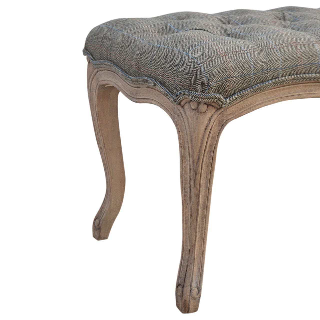 Carved Multi Tweed Bedroom Bench - Solid Mango Wood Seating Furniture for Entryway - product view 5 showing handcrafted...