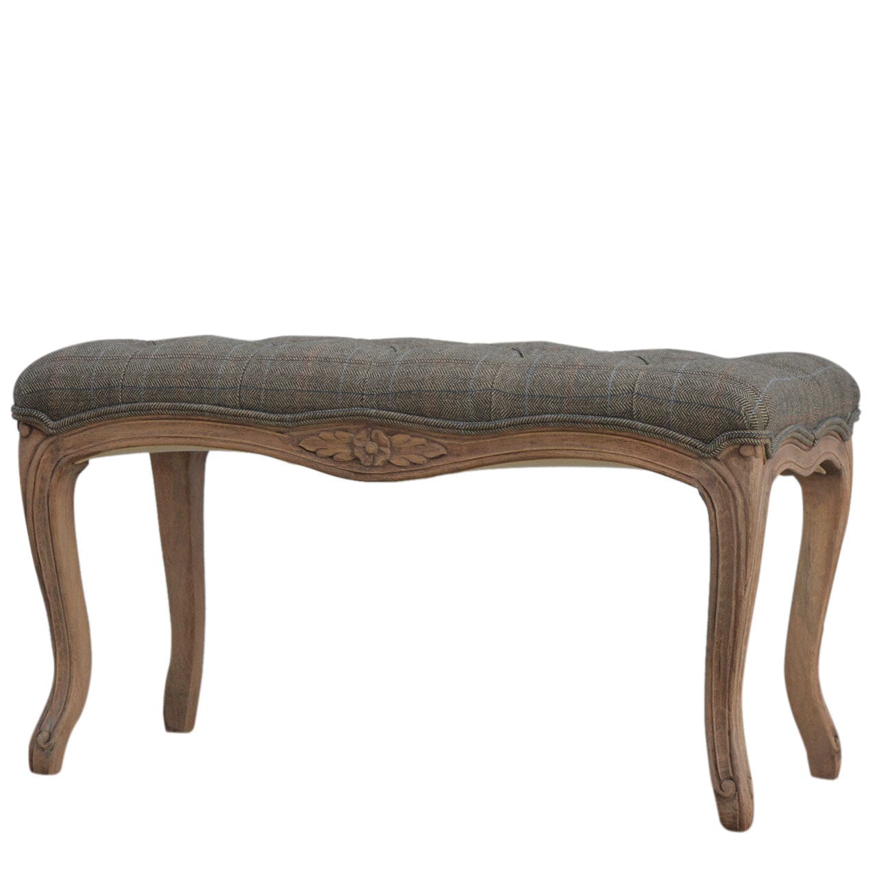 Carved Multi Tweed Bedroom Bench - Solid Mango Wood Seating Furniture for Entryway - product view 2 showing handcrafted...